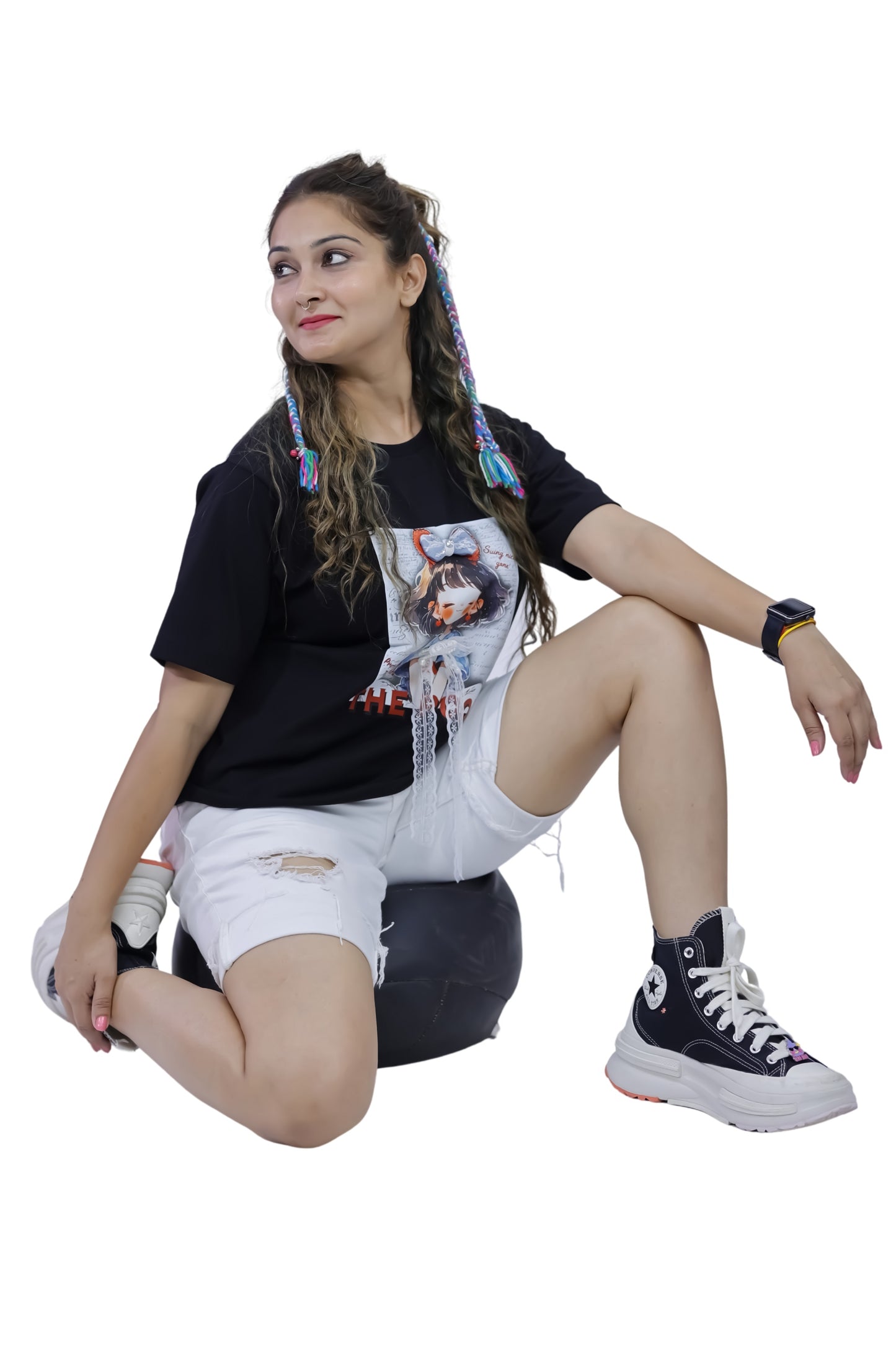 The Dou Character Print Black T-Shirt with Lace Detail