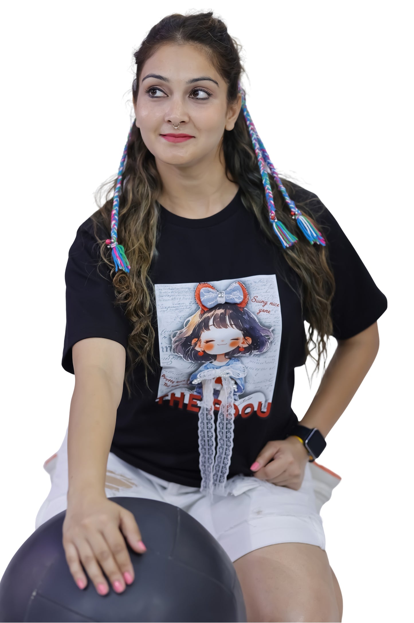 The Dou Character Print Black T-Shirt with Lace Detail