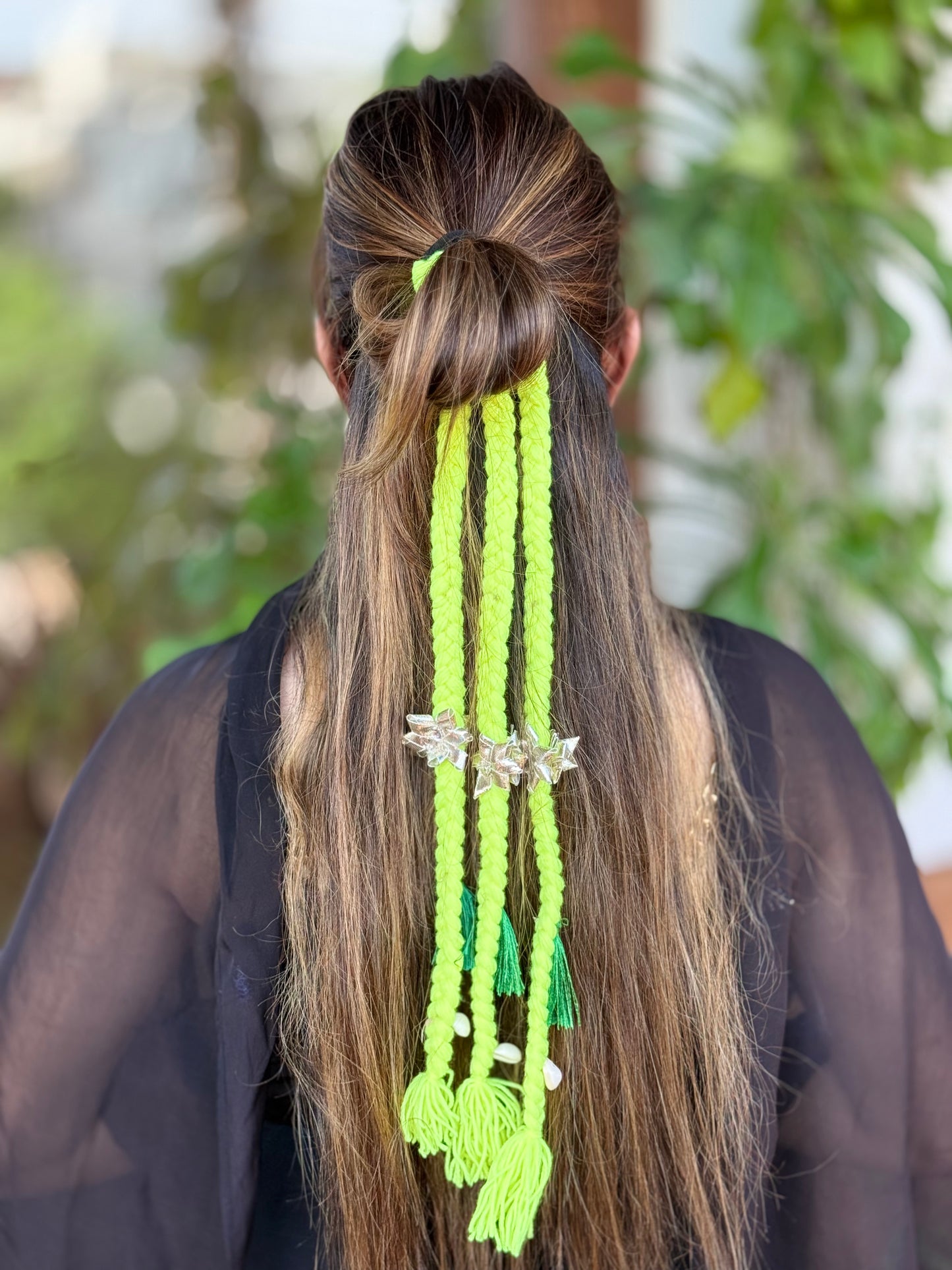 Neon Green Braided Tassel Hair Accessory with Silver Charms