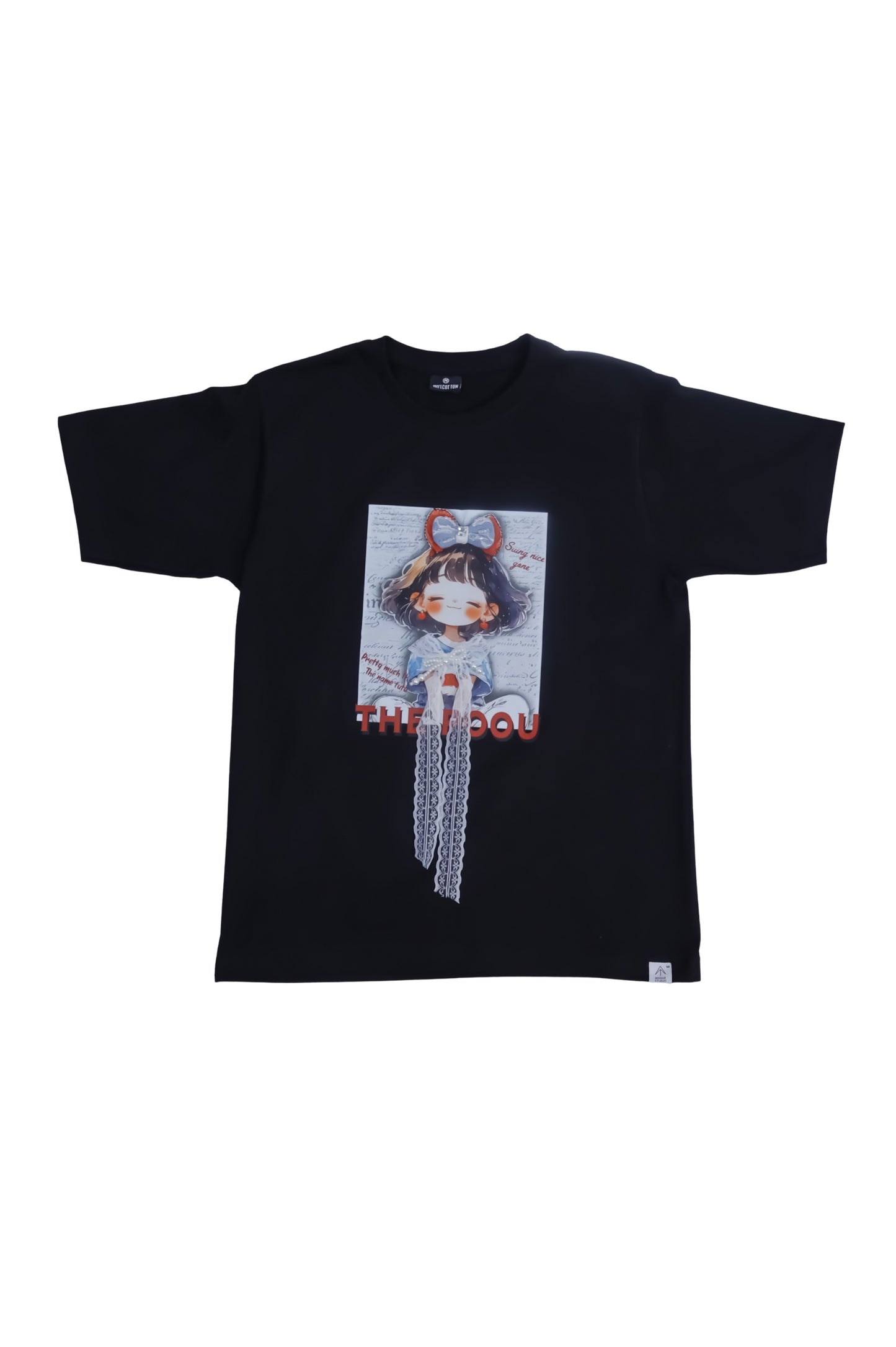 The Dou Character Print Black T-Shirt with Lace Detail