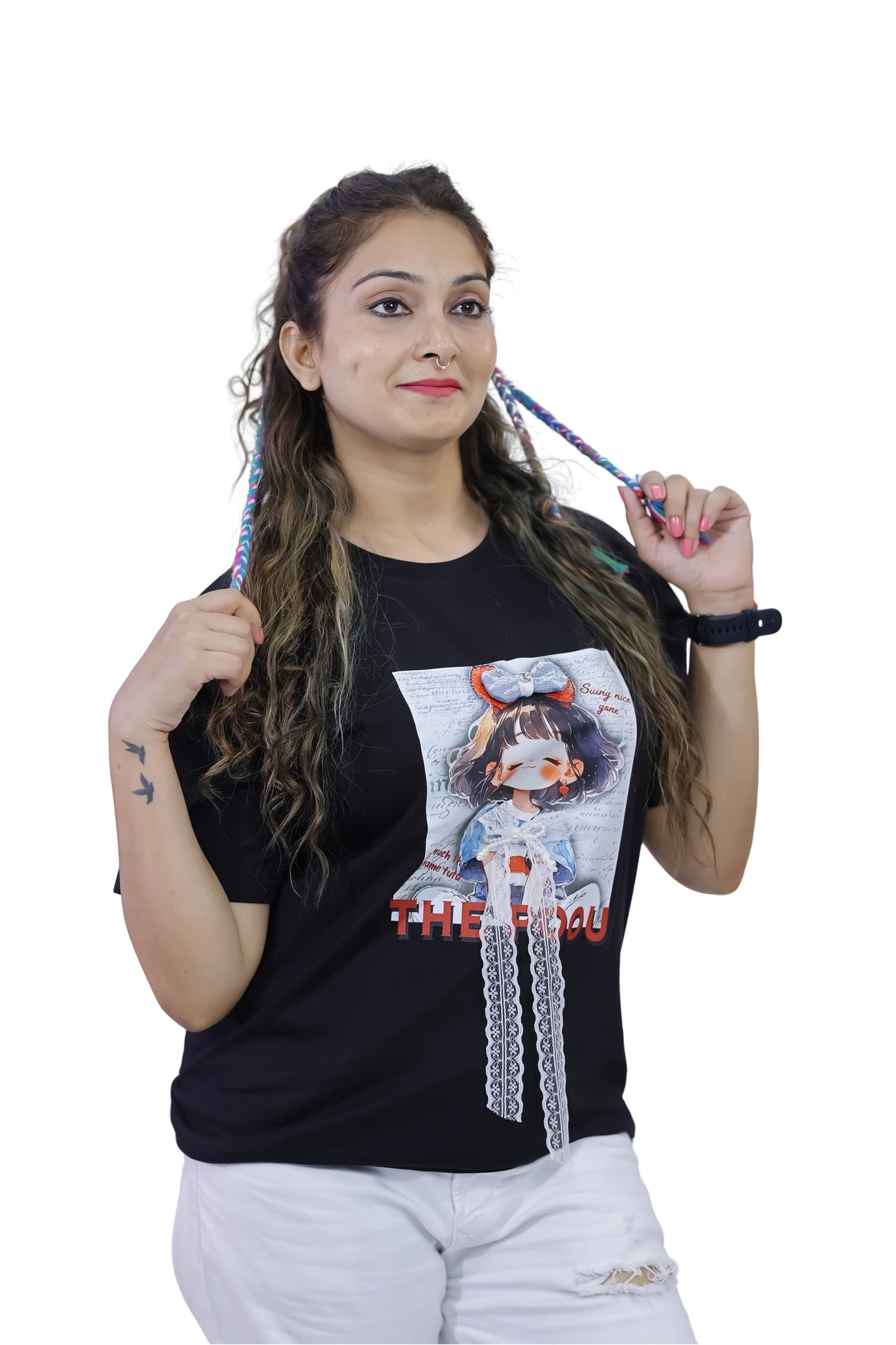 The Dou Character Print Black T-Shirt with Lace Detail