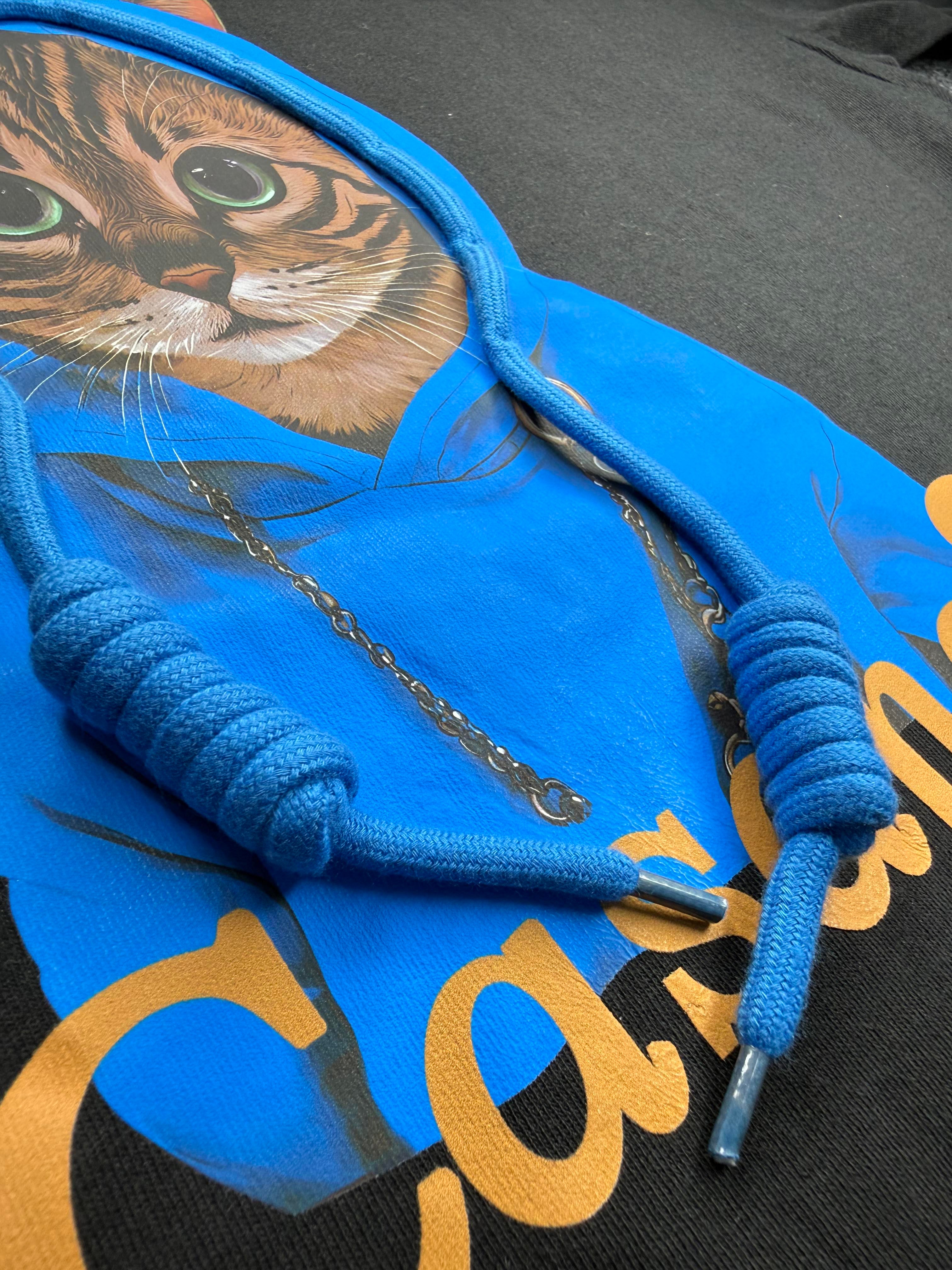 Blue Hoodie Cat Graphic 3D T-Shirt white