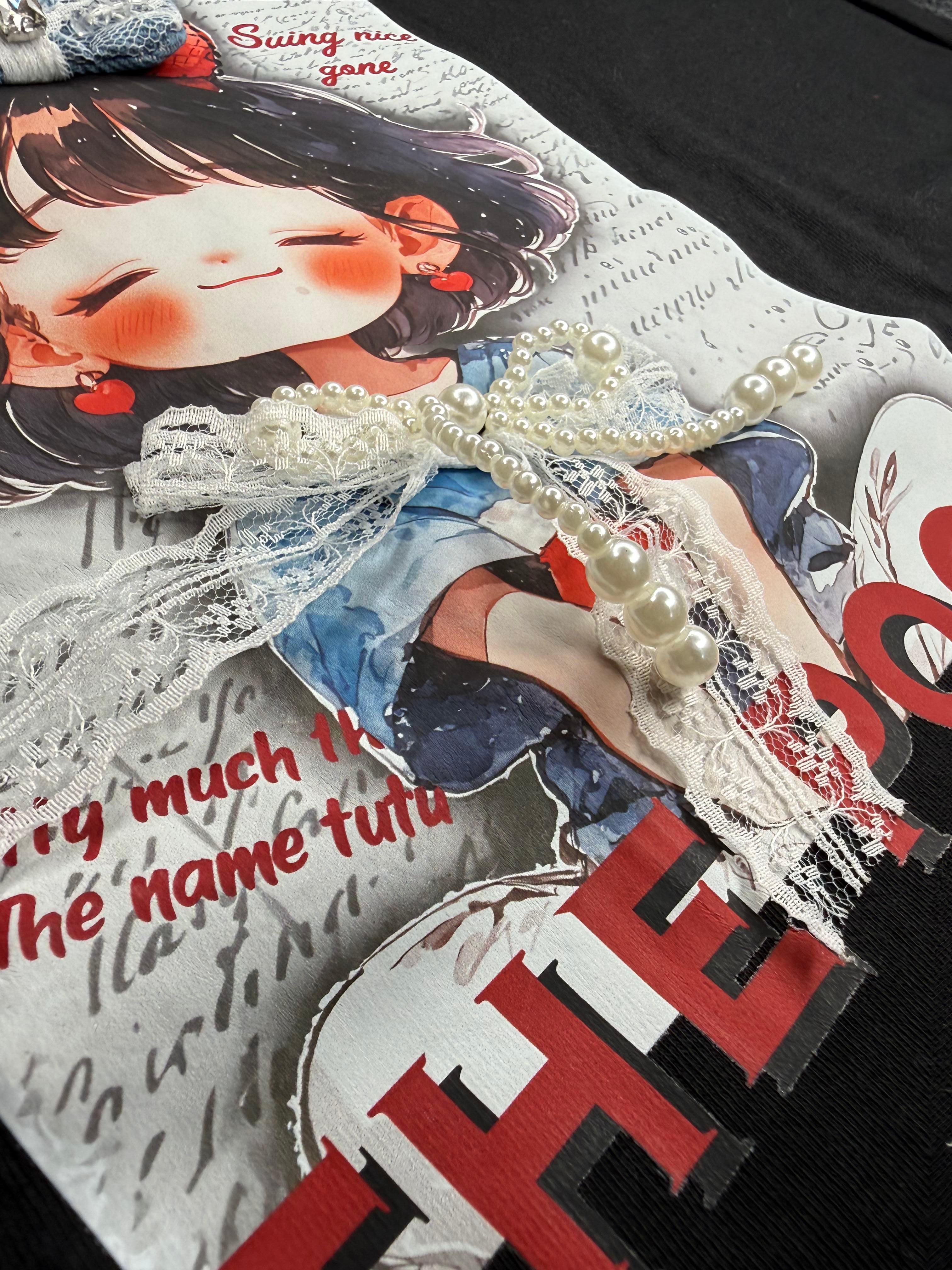 The Dou Character Print Black T-Shirt with Lace Detail