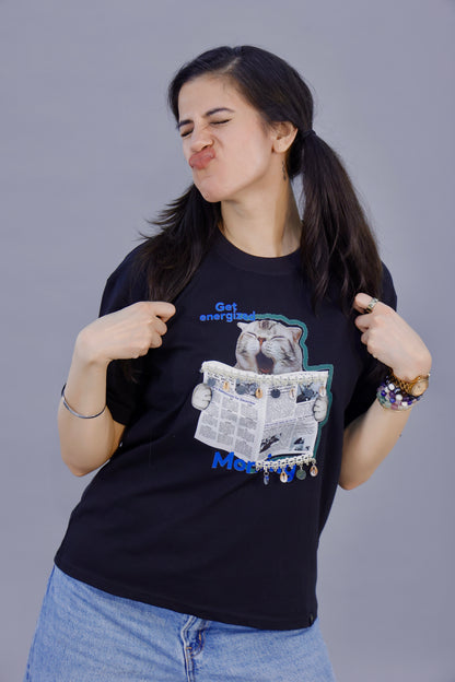 Energized Cat Newspaper Graphic T-Shirt