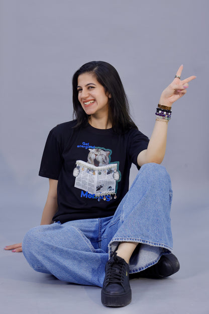 Energized Cat Newspaper Graphic T-Shirt