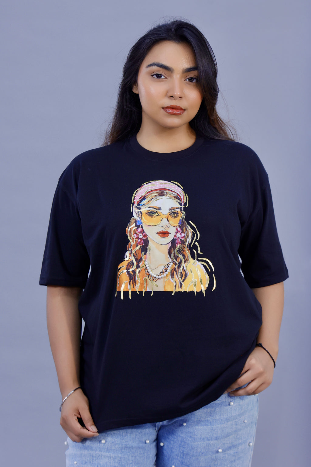 Stylish Girl Graphic Black T-Shirt