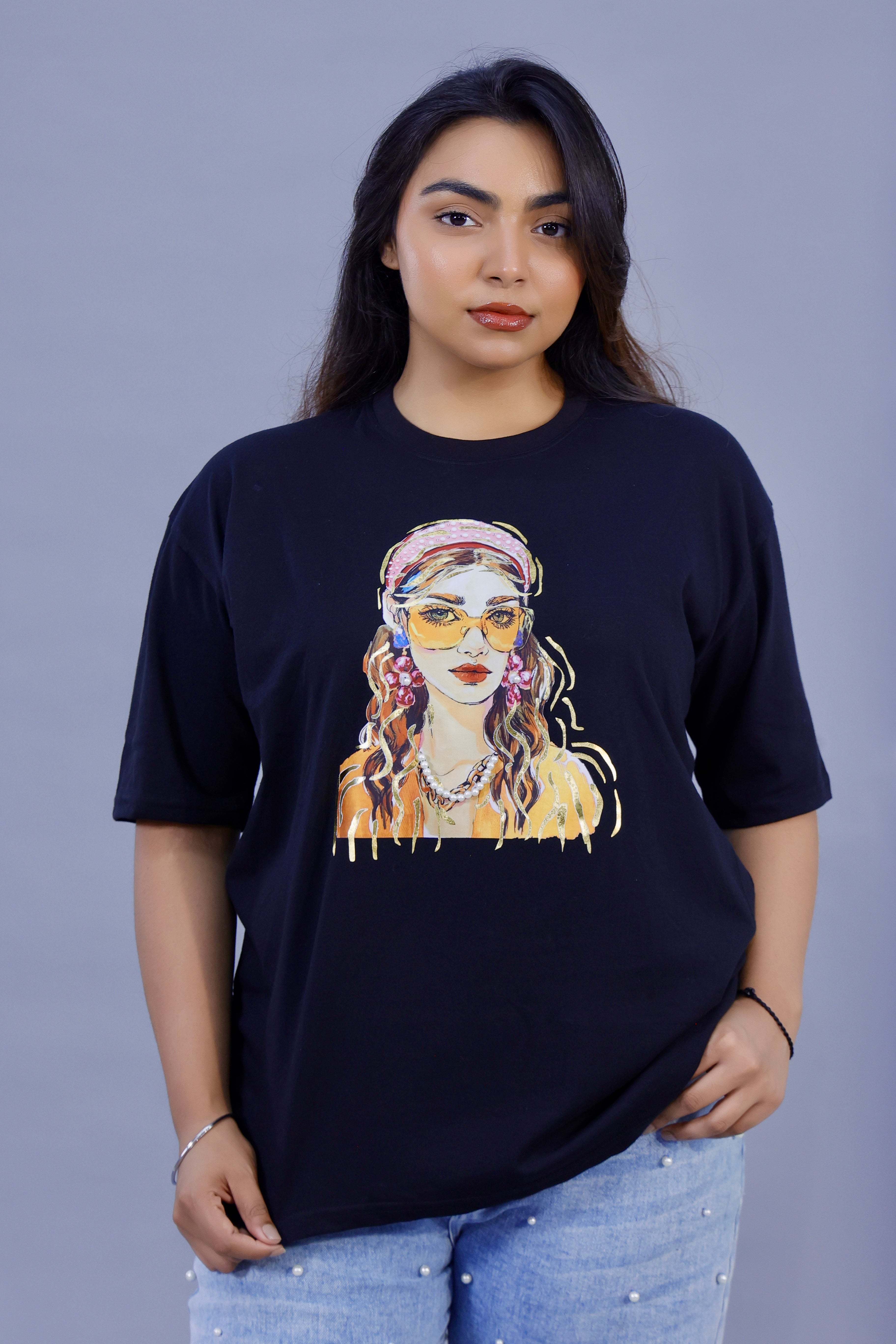 Stylish Girl Graphic Black T-Shirt