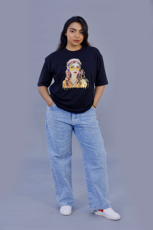 Stylish Girl Graphic Black T-Shirt