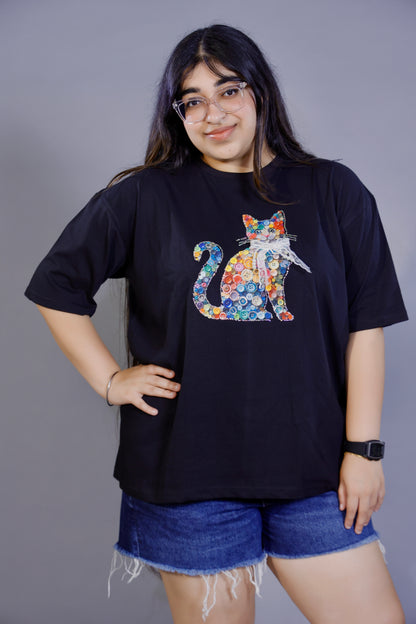 Button Art Cat Graphic Black 3D T-Shirt