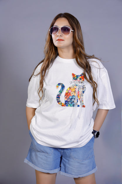 Button Art Cat Graphic Black 3D T-Shirt