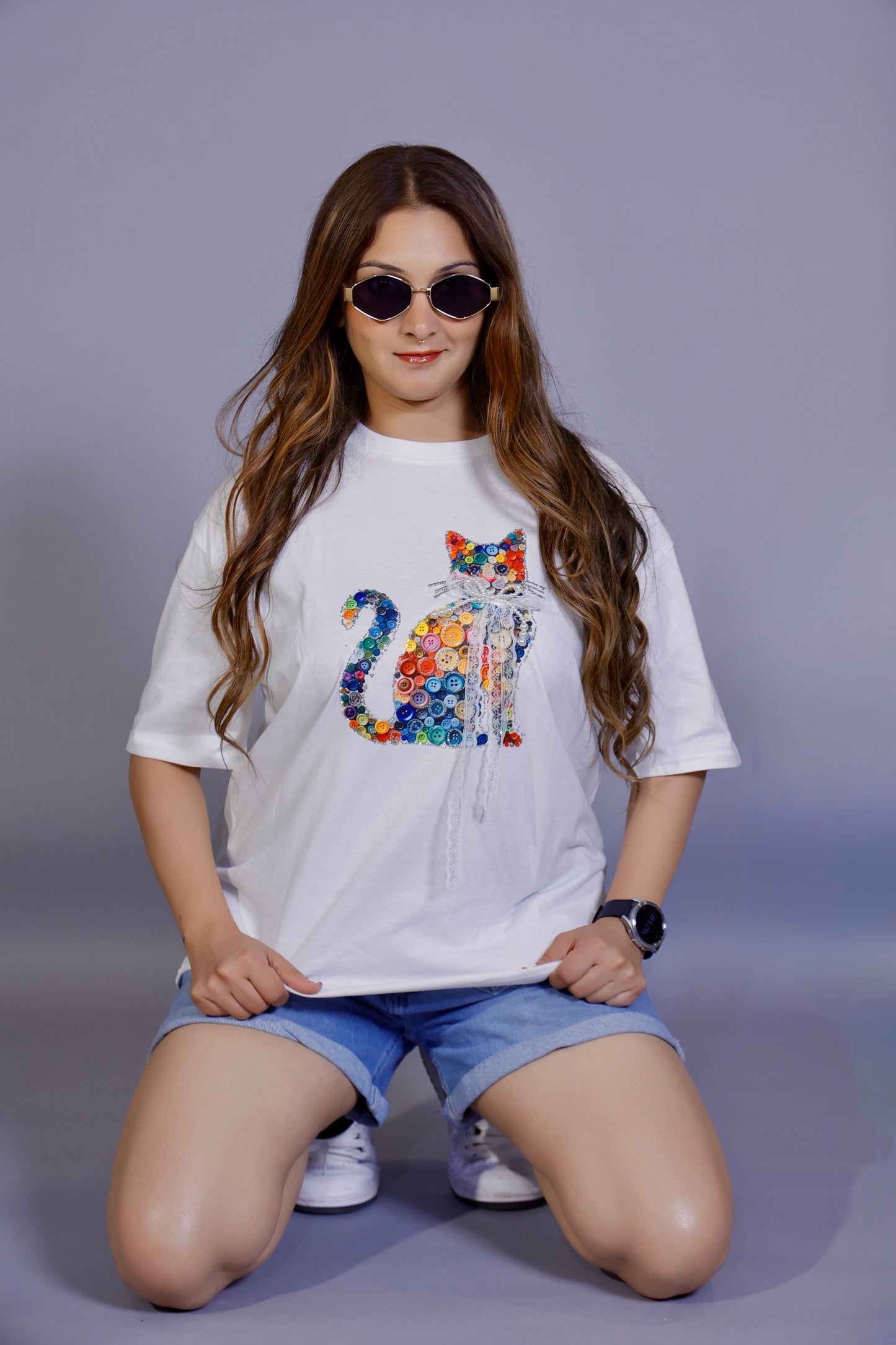 Button Art Cat Graphic Black 3D T-Shirt