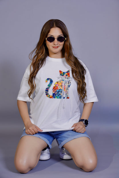 Button Art Cat Graphic Black 3D T-Shirt