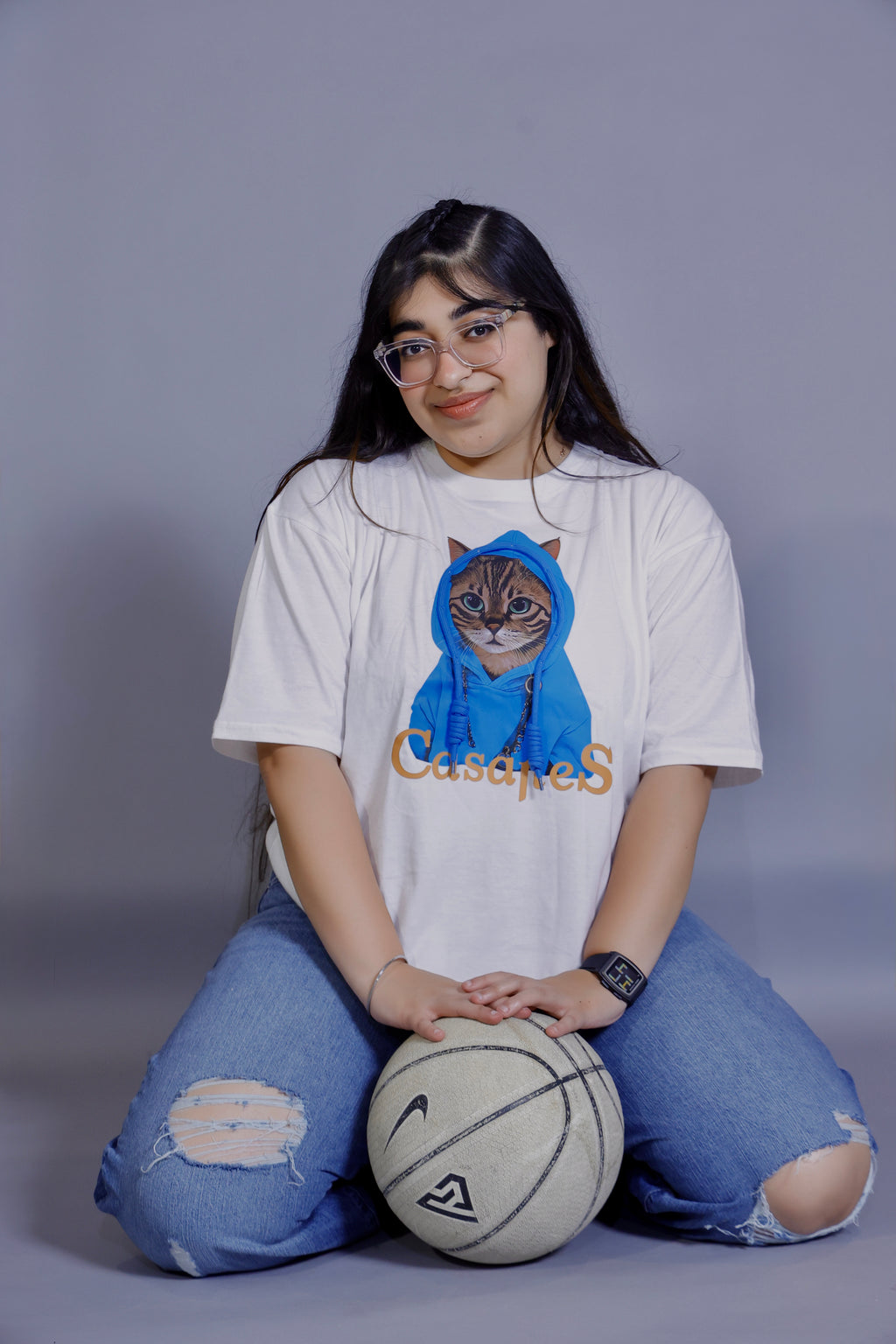 Blue Hoodie Cat Graphic 3D T-Shirt white