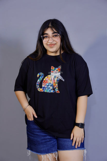 Button Art Cat Graphic Black 3D T-Shirt