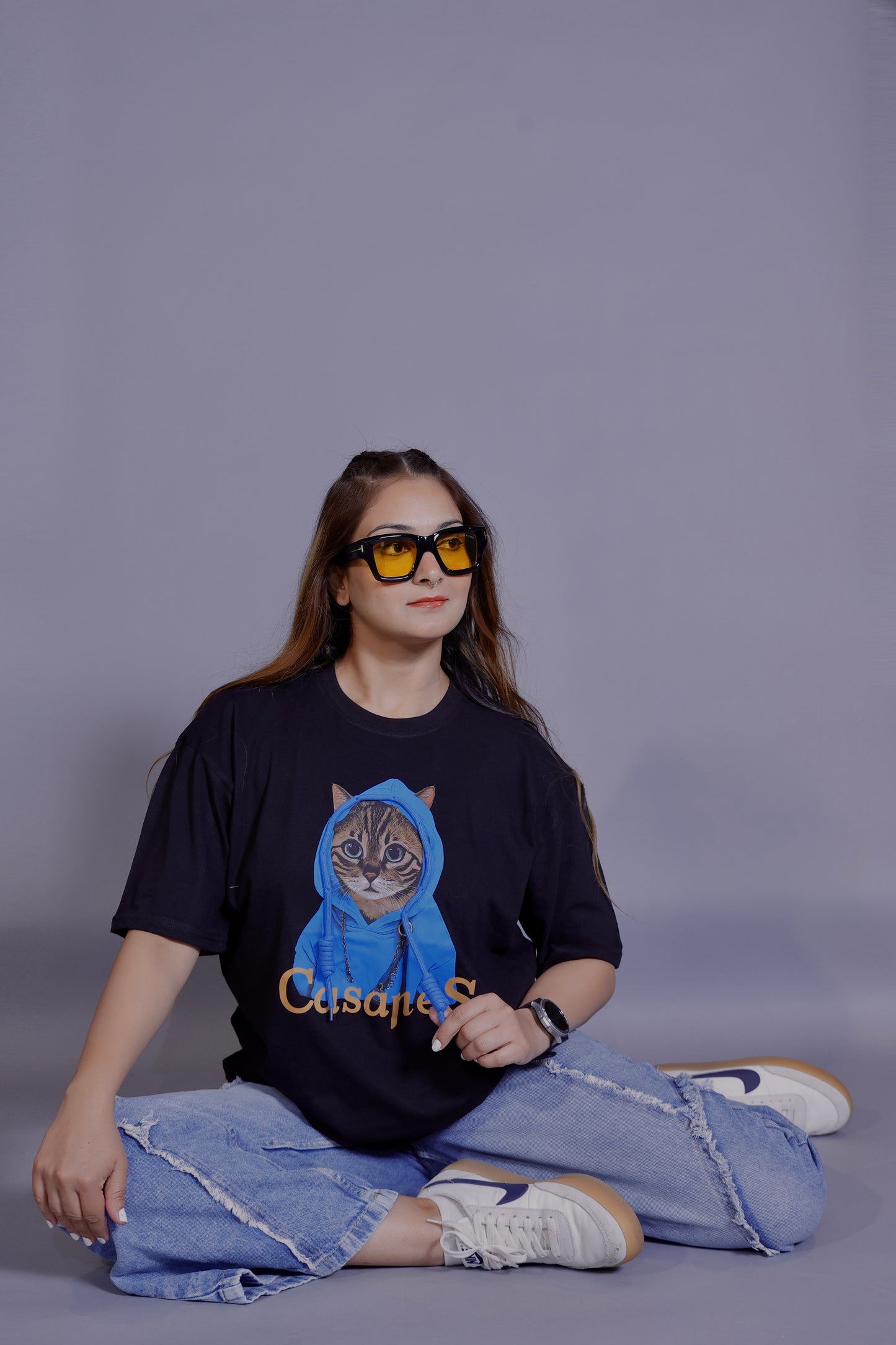 Blue Hoodie Cat Graphic T-Shirt