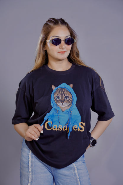 Blue Hoodie Cat Graphic T-Shirt