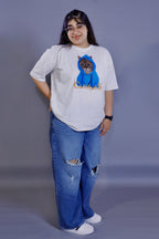 Blue Hoodie Cat Graphic 3D T-Shirt white