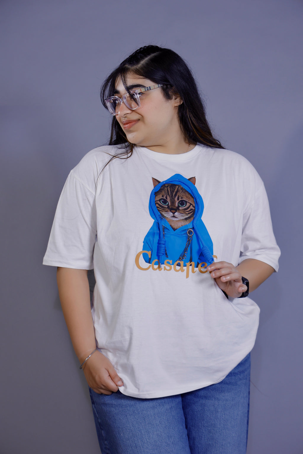 Blue Hoodie Cat Graphic 3D T-Shirt white