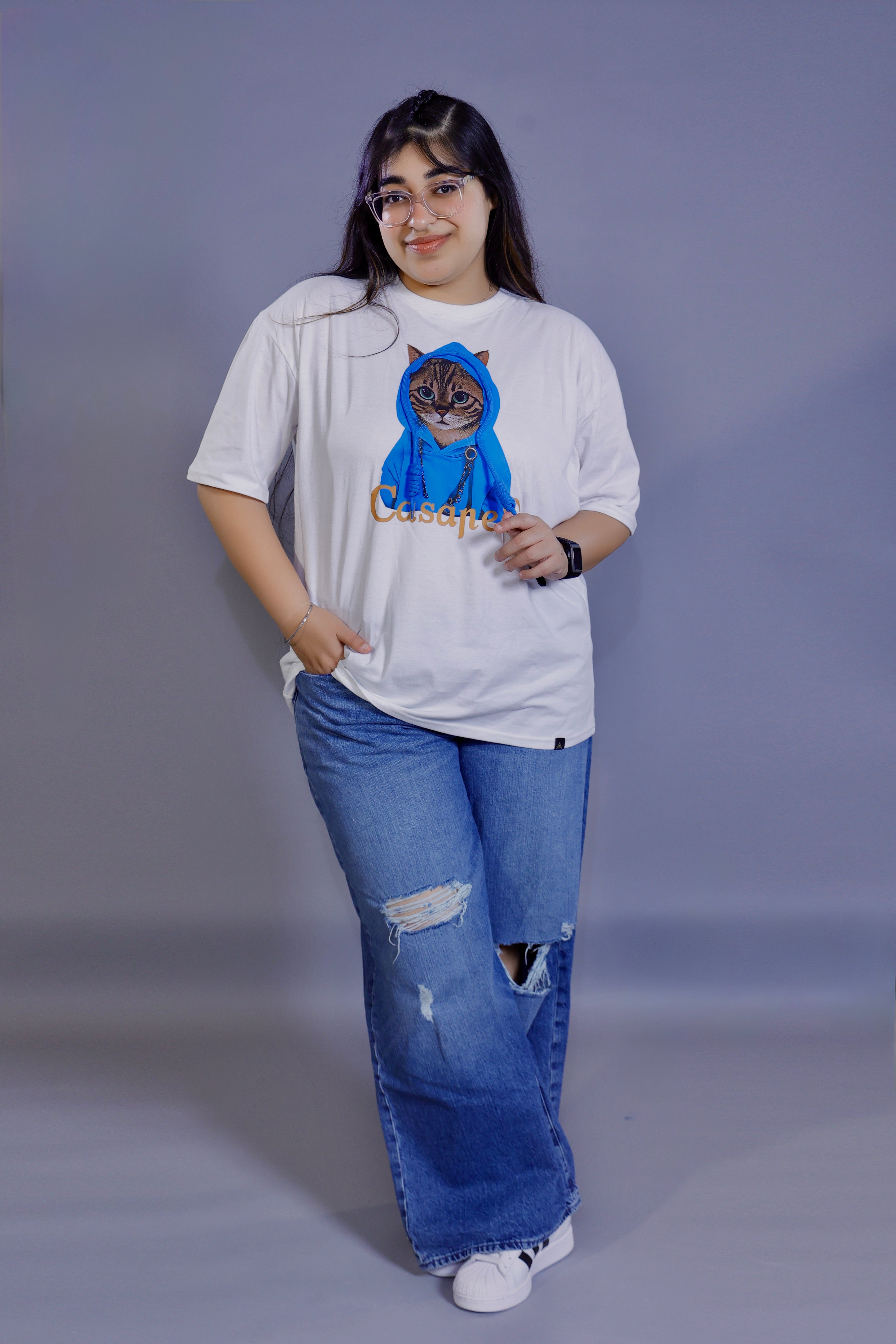 Blue Hoodie Cat Graphic 3D T-Shirt white