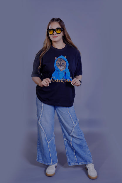 Blue Hoodie Cat Graphic T-Shirt