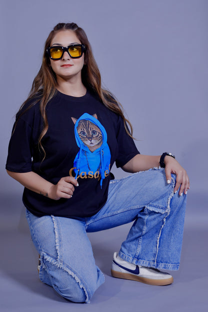Blue Hoodie Cat Graphic T-Shirt