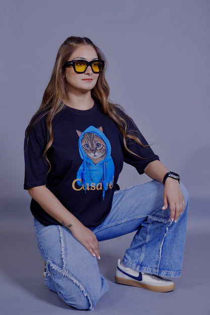 Blue Hoodie Cat Graphic T-Shirt