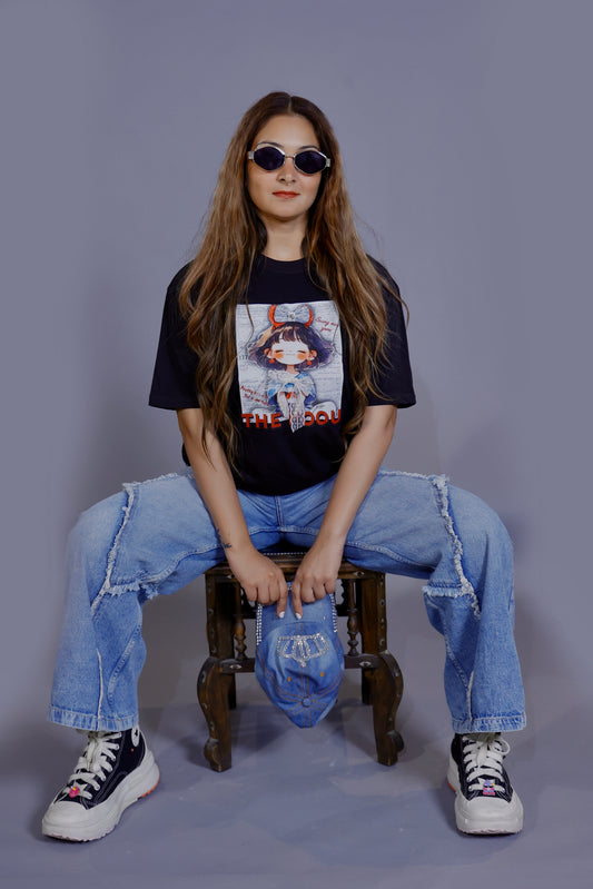 The Dou Character Print Black T-Shirt with Lace Detail
