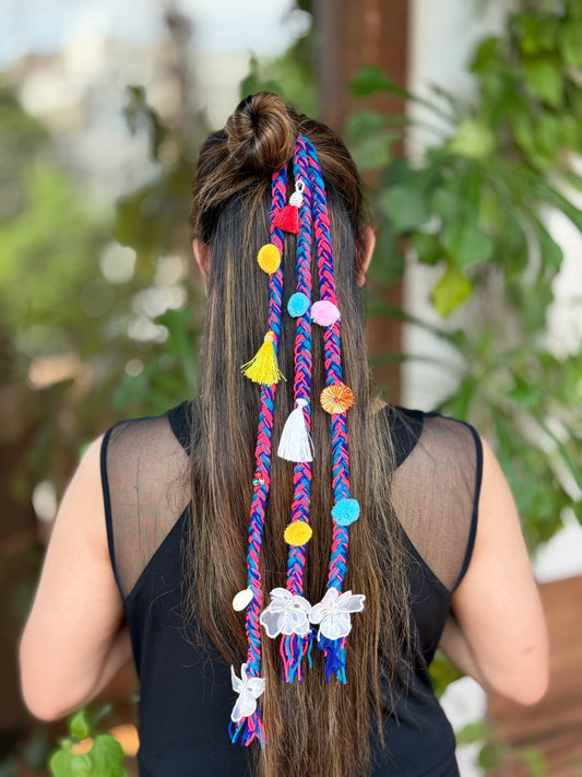 Boho Braided Hair Tassel with Colorful Pom-Poms & Beads