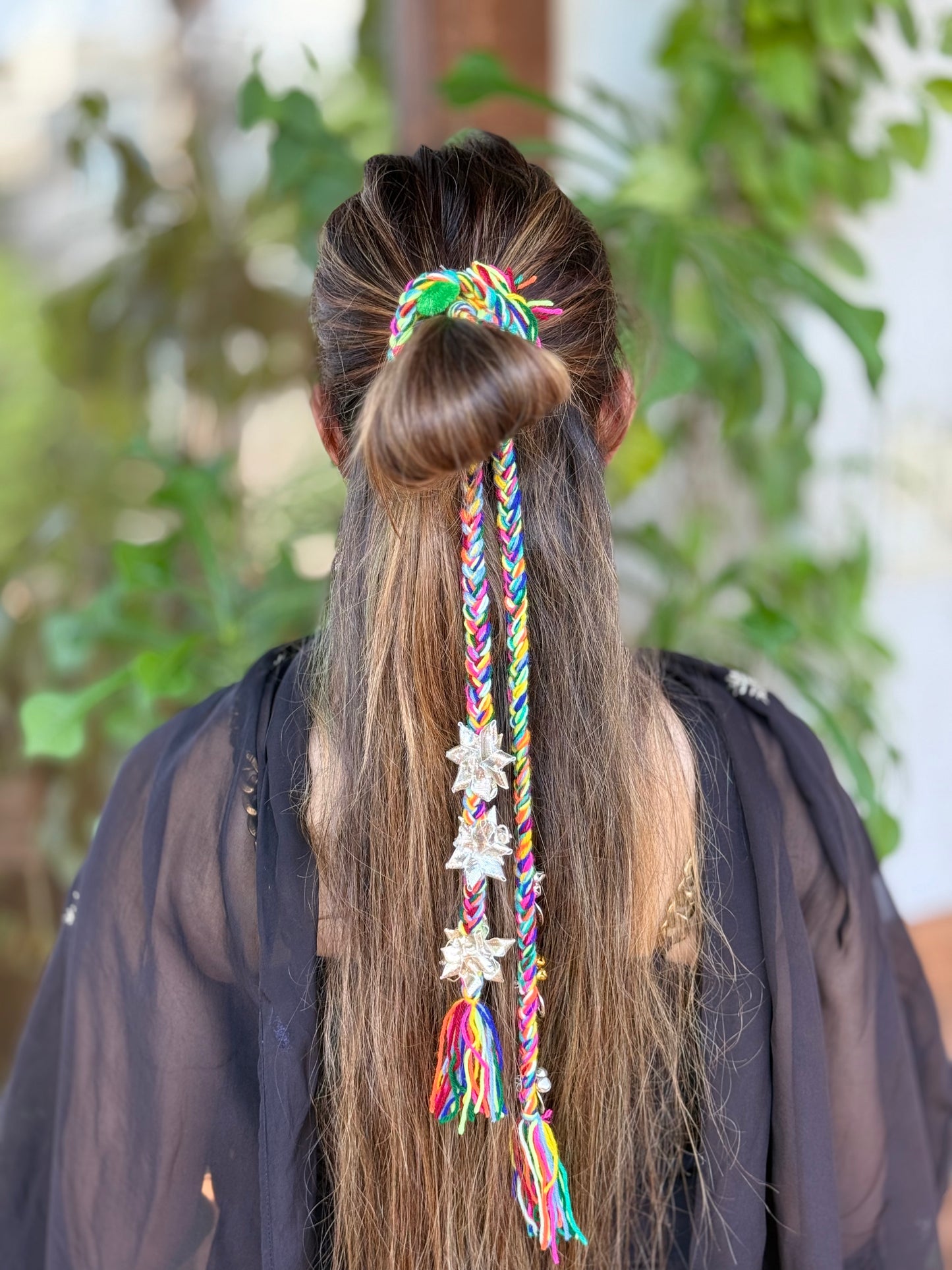 Rainbow Braid Tassel Hair Accessory with Silver Charms
