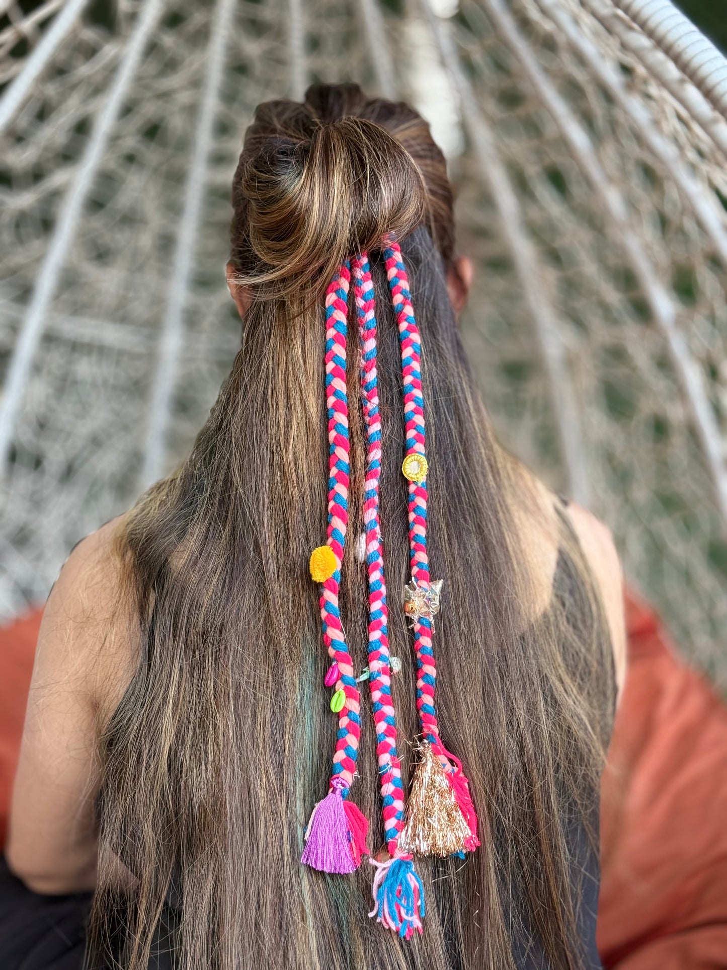 Pink & Blue Braided Pom-Pom Tassel Hair Accessory