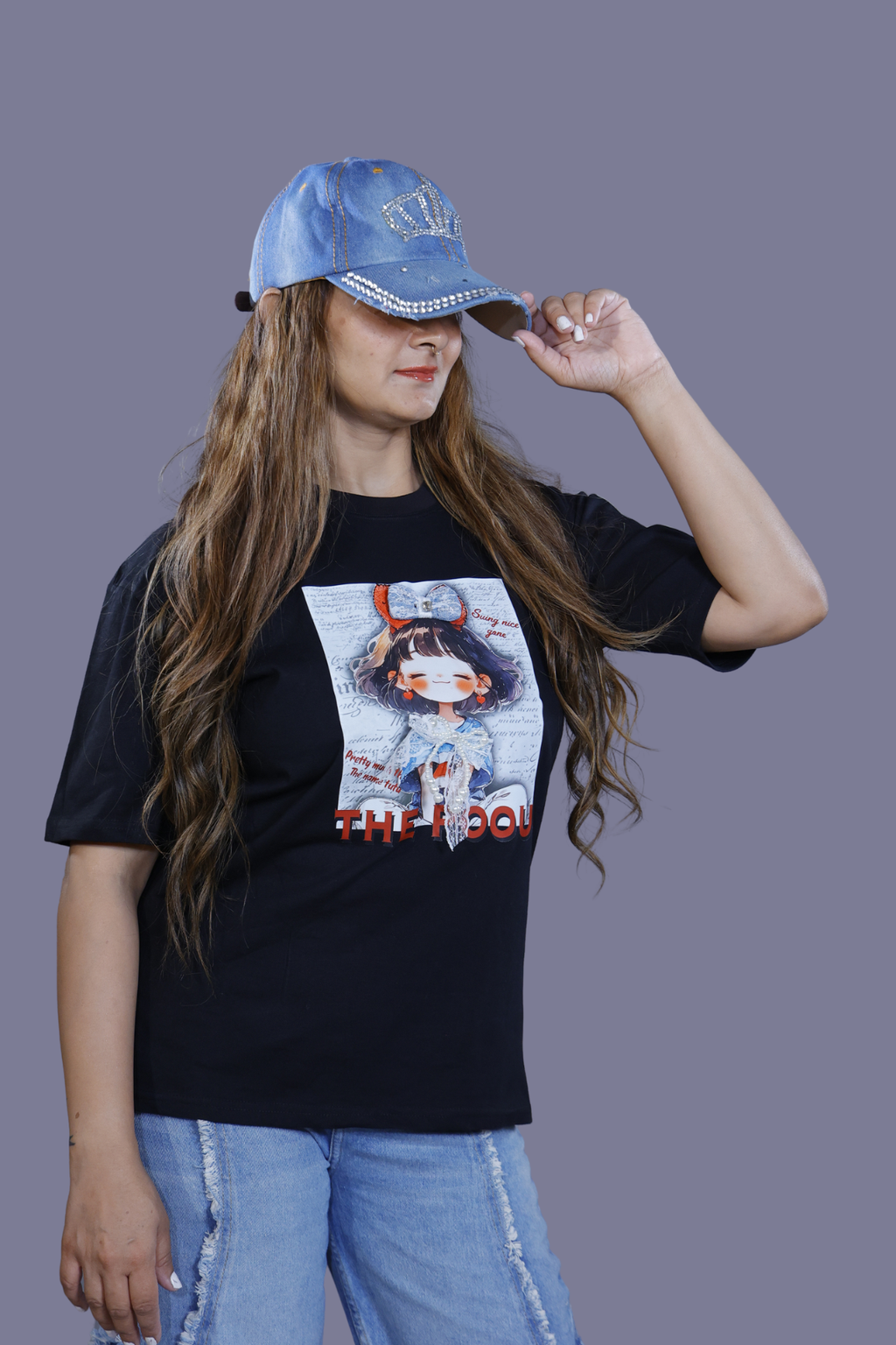 The Dou Character Print Black T-Shirt with Lace Detail