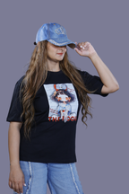 The Dou Character Print Black T-Shirt with Lace Detail