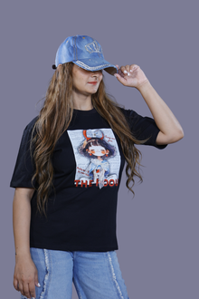 The POOU Character Print Black T-Shirt with Lace Detail