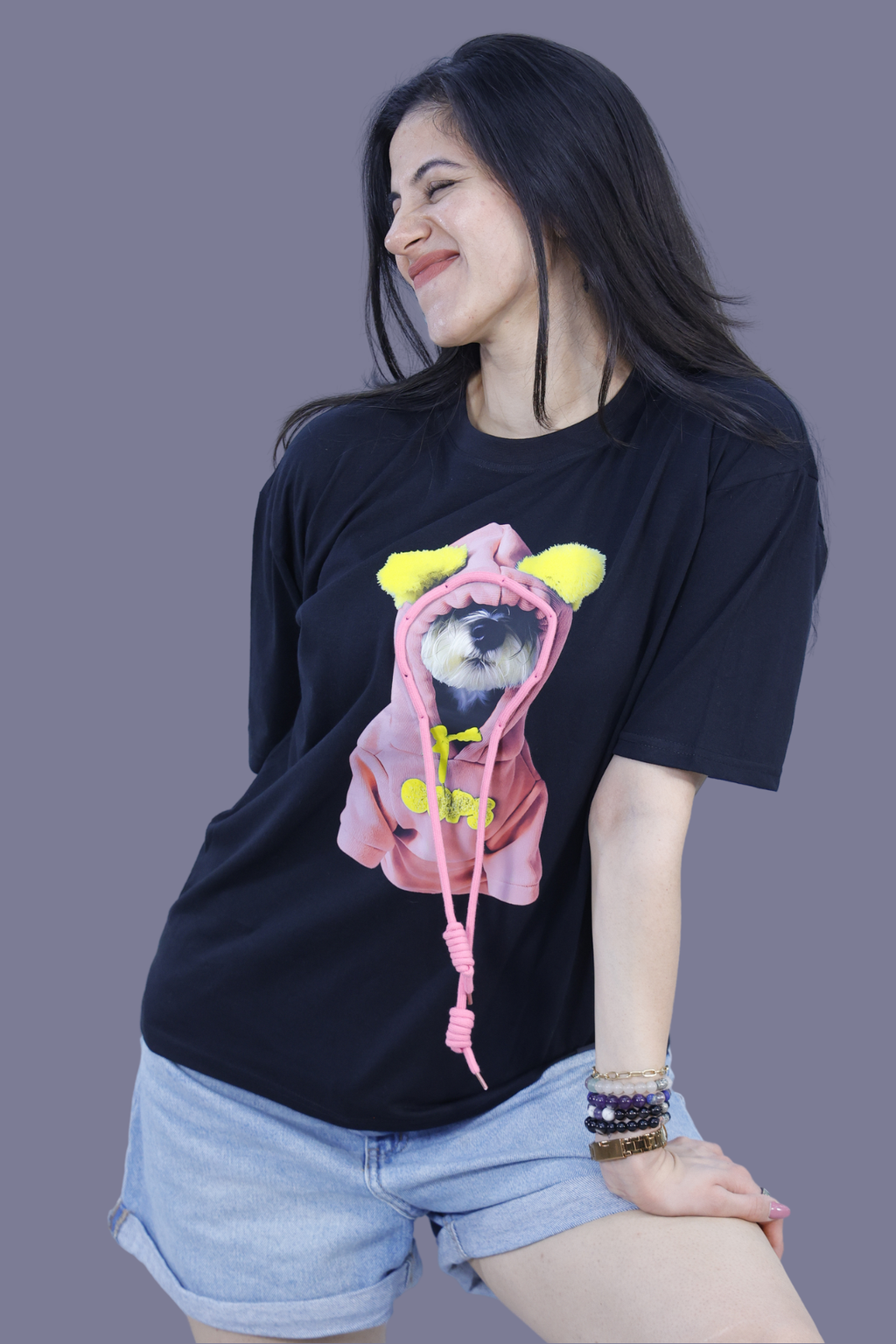 Puppy Hoodie Print 3D T-Shirt Black